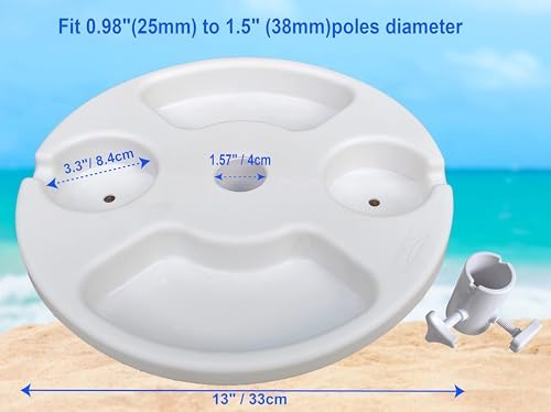 Plateau de Parasol de Plage de 33 cm pour Plage, terrasse, Jardin, Piscine avec Porte-gobelets, Compartiments à collation, Blanc