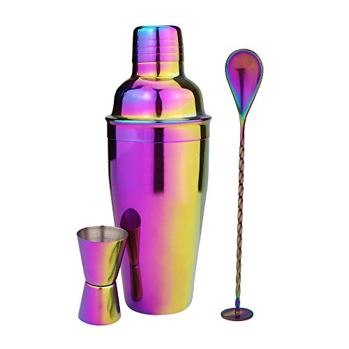 TNCO Cocktail Shaker Set Multi color RD4013, Bartender Set Includes: Drink Shaker with Cocktail Strainer, Â½ / 1 OZ Jigger, Mixer Spoon (Multi, 26OZ(750ml))