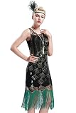 BABEYOND 20's Vintage Peacock Sequin Fringed Party Flapper Dress (Large, Black with Green Fringe)