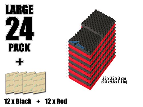 Arrowzoom New 24 Pack of Red & Black (9.8 in X 9.8 in X 1.1 in) Soundproofing Insulation Egg Crate Acoustic Wall Foam Padding Studio Foam Tiles (RED&BLACK)