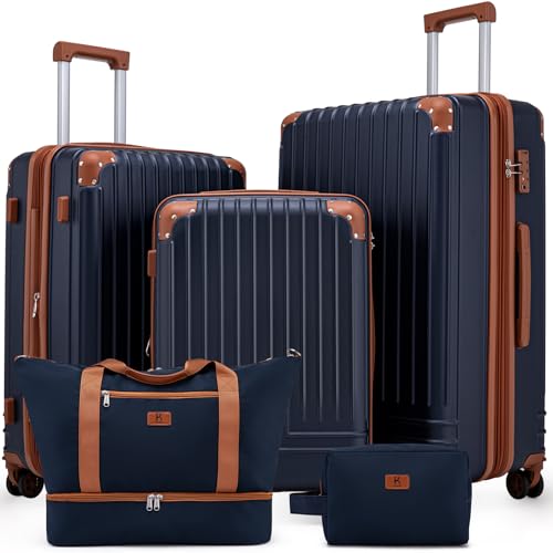 KUNEL Luggage Sets 5 Piece Suitcase Sets Suitcase with ABS Hard Shell Lightweight TSA Lock Double Spinner Wheels, PorscheBlue, 5 Piece Sets (20/24/28/DB/TB)
