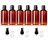 (Set of 6) Plastic Amber 4 Ounce Boston Round Empty Refillable PET Bottles ( BPA Free) Includes 3 Additional Sprayer Tops