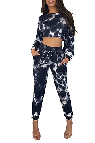 Womens 2 Piece Outfits - Casual Long Sleeve Crop Top Pants Joggers Set Tracksuit L
