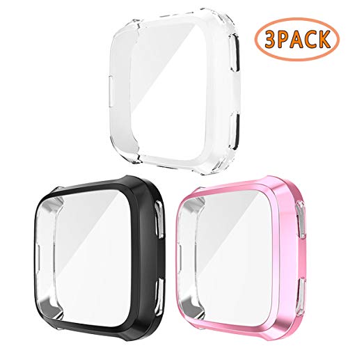 Haojavo 3 Pack Screen Protector Case for Fitbit Versa, Soft TPU Slim Fit Full Cover Screen Protector for Fitbit Versa Smartwatch Bands Accessories