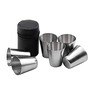 Wandefol 6pcs Tazas Acero Inoxidable, Vasos Inoxidable Camping, Vasos de Cerveza Acero Inoxidable 30ML para Beber Café Té Cerveza con Bolsa de Cuero para Camping Picnic Viajar Reutilizable