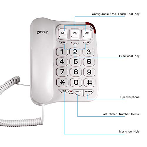 Ornin S016 Big Button Corded Telephone with Speaker, Hearing Aid Compatible for Seniors (White)