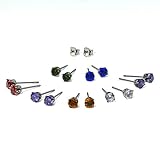 Silverline Jewelry Stainless Steel 4mm Round CZ Stud Earrings set, Multi Color (7 Pack)