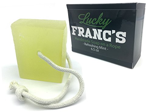 Soap on a Rope. Menthol Mint & Citrus Scent made with natural Hemp / Cannabis Oil. 6.5 oz. size soap bar. Made in USA by Lucky Franc's. Glycerin bath shower soap bar for men. Gift idea for Men.