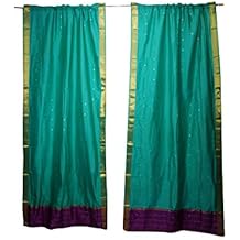 Mogul Interior 2 Indian Silk Sari Curtains Green Home Decor Drapes 96X44