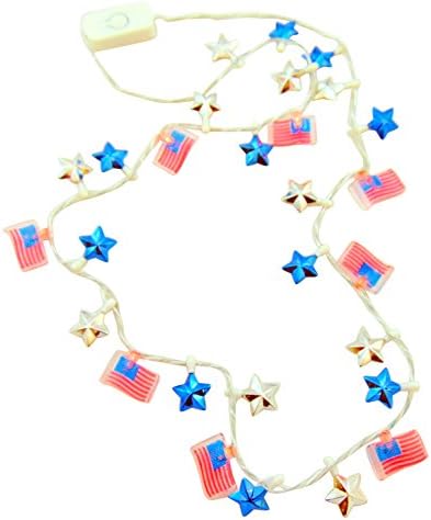 4th of July Flashing Light Up Star Bead Patriotic Necklace with American Flags