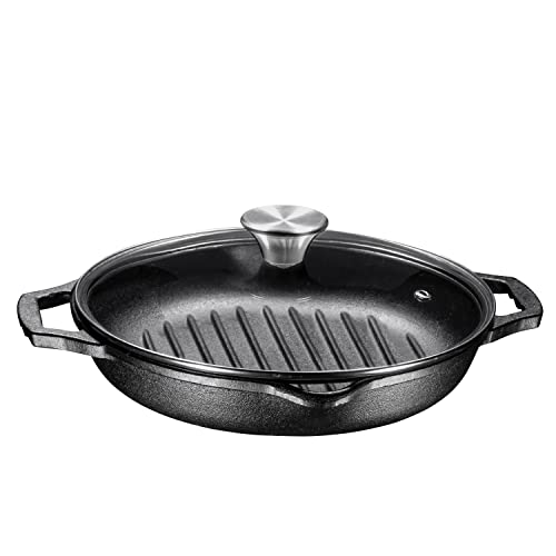 Preseasoned Deep Round Grill Cast Iron Griddle Pan with Glass Lid 10