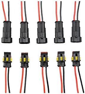 Anythury 5 Kit 2 Pin Way Car Waterproof Electrical Connector Plug with Wire AWG Marine (Black with black and red cables)