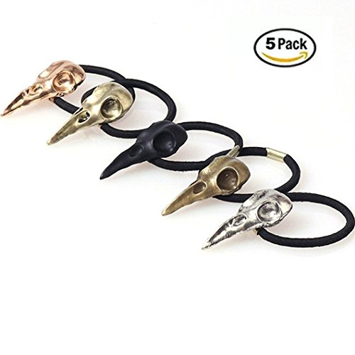 Woogge 5pcs/lot Viking Punk Helm Of Awe Raven skull Pendant By Alchemy Gothic Halloween Bird Skull Stretch Hair Rope Ring For Women (5 colors/lot)