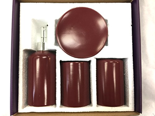WPM 4 Piece Ceramic Bath Accessory Set | Includes Bathroom Designer Soap or Lotion Dispenser w/ Toothbrush Holder, Tumbler, Soap Dish Choose from Purple, Black, Brown, Navy or Burgundy (Burgundy)