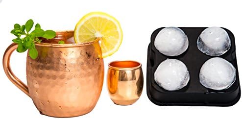 Moscow Mule Copper Mug Set by FelMark * 100% Pure Copper Cup with Solid Copper Shot Glass & Ice Ball Maker Mold * 16 Oz Hammered Mug with Welded Handled & 2 Oz. Jigger plus a 4 Round Ice Balls Mold