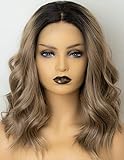 Persephone Ombre Lace Front Bob Wig Brown Middle Part Ombre Synthetic Wig Short Wavy Brown Wigs Bob for Women with Dark Roots Heat Resistant