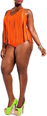 Preferhouse Womens Swimwear Bikini Set Tassel Plus Size Swimsuits One-Piece 1X Orange