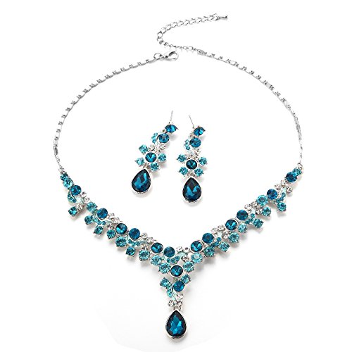 FAYBOX Glamorous Crystal Rhinestone Beading Necklace Earrings Wedding Jewelry Sets Light blue