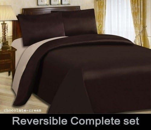 MICROFIBRE REVERSIBLE CHOCOLATE/CREAM 4PCs COMPLETE BEDDING SET INCLUSIVE DUVET COVER FITTED SHEET AND PAIR OF PILLOWCASES IN SIZE KING | ALL NEW by LAUREN SECRET