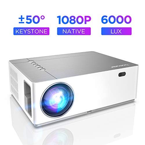 Native 1080p Projector, BOMAKR 4K Support Full HD Video Projector, 6000 Lux, 8000:1 Contrast Ratio, ±50°Horizontal and Vertical Keystone, 50% X/Y Zoom Out, Compatible with TV Stick, iPhone Android, PC
