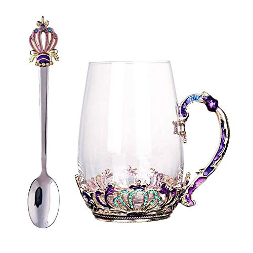 European Style Carved Glass Cup Enamel Tea Cup Resinstone Glass Drinking Coffee Spoon Set for Party Home Decor Wedding Gift Table Display