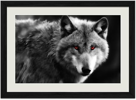 Amazon Co Jp 赤い目をした狼動物の写真木製黒額縁アートポスター 35cmx50cm ホーム キッチン