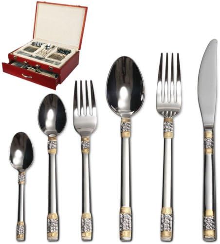 75-Piece Gold Flatware Set Dining Service for 12 - Premium 18/10 Stainless Steel - 24K Gold Plated Trim - Silverware Serving Set Lightweight - Wood Flatware Box - Dishwasher Safe (Vience)