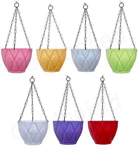 Go Hooked Unbreakable Plastic Round Hanging Pots for Plants, Hanging Planters with Metal Hanging Chain - Pack of 7 (Assorted Colour, 9x6.7 Inch)