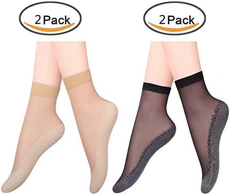 ACHIEWELL 4-12 Pairs Women's Anti-Slip Silky Cotton Sole Sheer Ankle High Tights Hosiery Socks (2 Pairs Black+2 Pairs Beige)