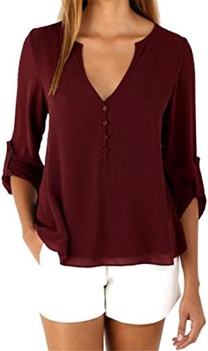 Tirahse Fashionable Womens Long Sleeve Chiffon Shirt Tops Fashion Blouse RedX-Large