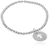 Sterling Silver White Diamond Stretch Bead Cross Cut Out with Charm Bracelet
