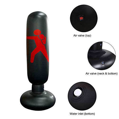 Gemgo Punch Bag 160cm, Inflatable Free-Standing Fitness Target Stand Tower Bag, MMA Boxing Punching Kick Training Tumbler Bop Bag for Relieving Pressure Body Building (Black-C)