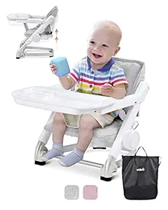 Unilove Feed Me 3-in-1 Travel Booster Seat | Adjustable with Detachable Tray, Lid and Carry Bag, 3-Way Security Safety Harness, Ergonomic & Comfortable Cushion to Support Babies and Toddlers, Grey