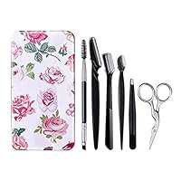 FITDON Eyebrow Grooming Set, Professional Slant Tip Tweezers & Curved Stainless Steel Scissors & 3PCS Brow Razors Trimmer & Duo Angled Eyebrow Brush with Spoolie