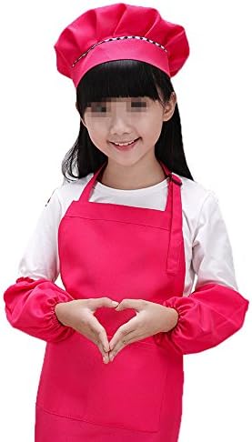 SEADEAR Waterproof Anti-oil Adjustable Durable Children's Aprons Fashion Apron with Hat Sleeves For Painting Kindergarten Art Museum Cooking 7-12 years old(Hot Pink)
