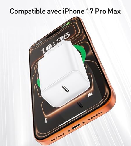 30W Chargeur USB C Rapide for iPhone 17 16 15/17 16 15 Pro/17 16 15 Pro Max/17 Air/16 15 Plus/iPad Pro/Mini/Air, Samsung Galaxy S25/S24,Type C Charge Secteur Prise avec 2M Câble