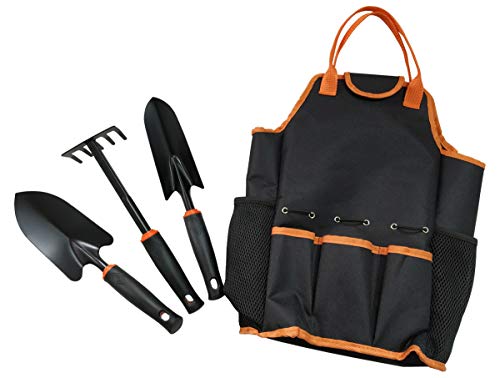 Garden Tools Set with black storage Tote, 4PCS Heavy Duty Gardening Yard Tool Set with Ergonomic Handle, Transplant, Trowel, Rake, Landscaping, weeding, Outdoor Tools kit Gifts for Women men kids