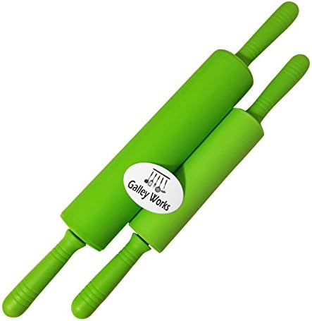 Two Green Rolling Pins with Silicone Surfaces - Set of Matching Large and Small Pins, Easy Clean - Great for Learning, Teaching or Daily Use - 11 inch and 7.5 inch lengths - By GalleyWorks