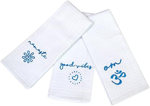 Hand Towel Set - 3 Pack Bath Towels 100 Percent Cotton White Towels Embroidered with Namaste, Good Vibes, Om Symbol Perfect for Hostess, Housewarming, Kitchen, Yoga Towels