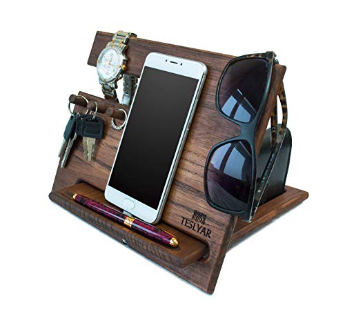 Wood Phone Docking Station Ash Chocolate Hooks Key Holder Wallet Stand Watch Organizer Men Gift Husband Wife Anniversary Dad Birthday Nightstand Purse Tablet Father Graduation Male Travel Idea Gadgets - Thumbnail 7