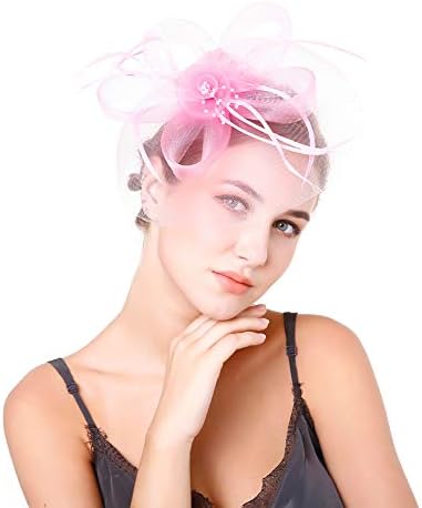 Fascinators Hat Hair Clip Hair Accessory Mesh Ribbons Feather Flowers Elegant Bride Headwear Cocktail Tea Party Wedding Derby Headpiece for Girls and Women,Pink