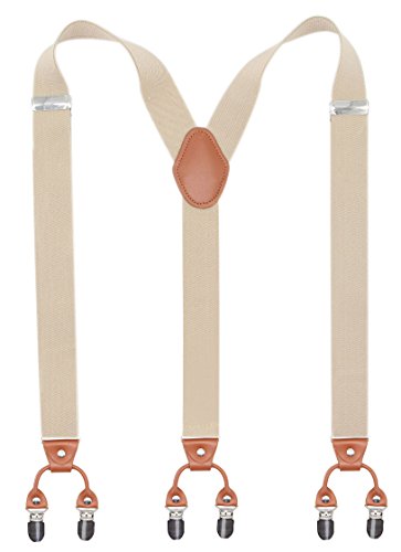 Bioterti Men’s Y-Shaped Heavy Duty Suspenders – 6 Metal Clips, Elastic Straps (Khaki)