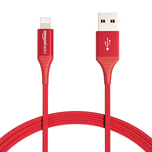 Cable Lightning a USB de nailon trenzado doble de Amazon Basics - Colección avanzada, cargador de iPhone de Apple con certificación MFi, rojo, actualización de 6 pies (durabilidad nominal de 10,000 curvas)
