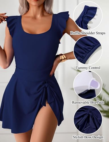 SEAUR One Piece Swimsuits for Women Modest Tummy Control Swimdress Vintage Knotted Bathing Suits Skirt