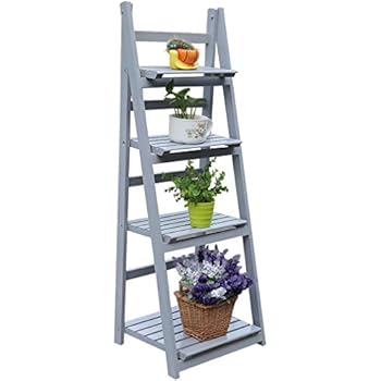 4 Tier Flower Stand, Wooden Flower Shelf Ladder, Garden Home Balcony Outdoor Display (Gray)