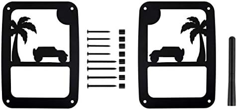 Tail Light Covers and Stubby Antenna by VroomTec | Rear Side Lamp Protector Covers For Jeep Wrangler JK and JKU | Made Of Durable Aluminum | With Black Powder Coat Finish (Jeep On A Beach - Stubby)