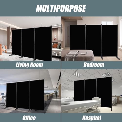 Room Divider Folding Privacy Screens with Wheels, 6FT Tall Divider for Room Separation, 3 Panel Movable Room Partitons, Indoor Room Dividers Panel with Non-See Through Fabric for Office (Black)