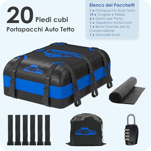 Rymopuey 20Cu.Ft/566L Car Roof Box, Waterproof 1000D Blue, Car Roof Box with Non-Slip Mat, 10 Straps, Car Roof Box and Folding Car with or without Luggage Rack