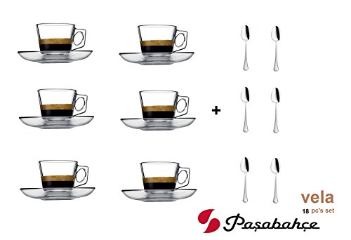 VELA 3.2-Ounce. Small Demitasse Clear Glass Espresso Drinkware, Set of 6 Cups/Saucers + Set of 6 Stainless Steel 18/10 mini Espresso Spoons! Hostess, Coffee Lover/Enthusiast, Espresso. - Thumbnail 5