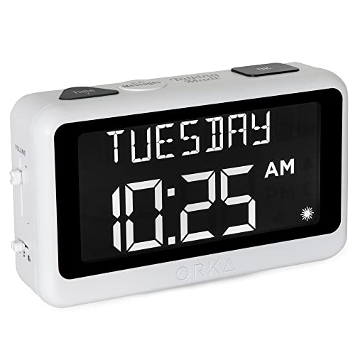 Photo 1 of ORKA Talking Clock. Voice Recordable Ex Large Medication Pill Reminder. Talking Alarm Clock for Dementia, Hearing, Visually impaired Seniors-Digital Day Clock with Multiple Customized Alarms White